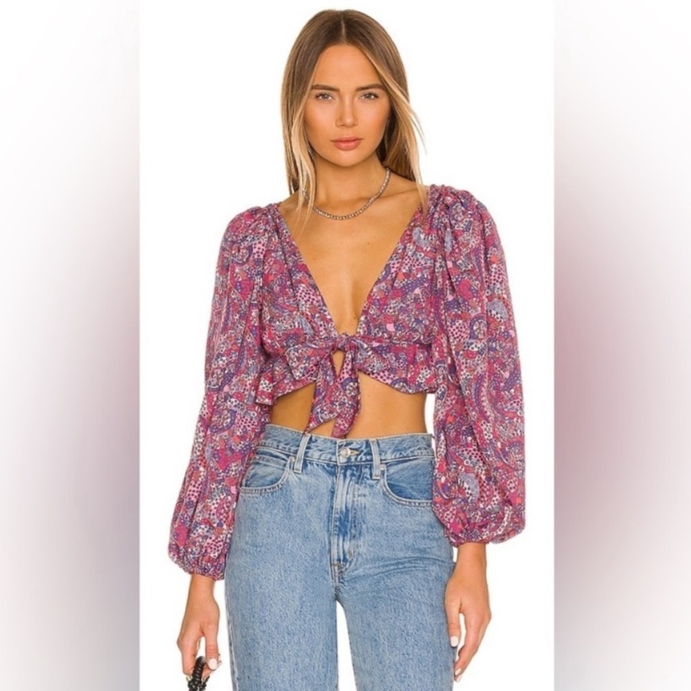 New! For love and lemons Tonya puff sleeve tie front back crop top 2637